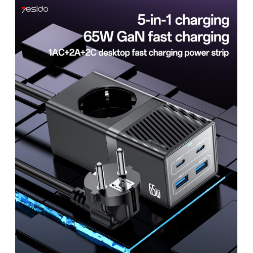 MC36 AC&2*TC&2*USB 5 In 1 European Standard Fireproof PC 65W+2500W GaN Fast Charging Power Socket