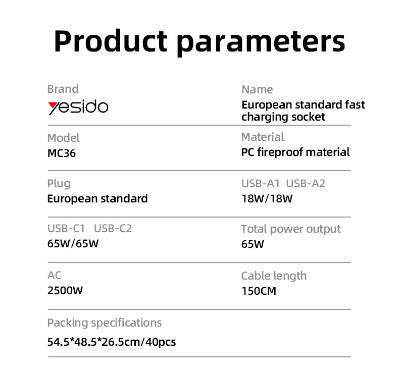 MC36 65W & 2500W EU GaN Fast Charging Charger Hub Parameter