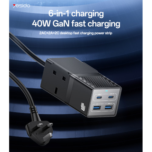 MC37 AC&2*Type-C&2*USB 6 In 1 UK Standard Fireproof PC 40W+2500W GaN Fast Charging Power Socket