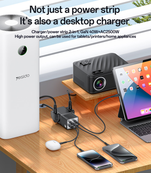 MC37 AC&2*Type-C&2*USB 6 In 1 UK Standard Fireproof PC 40W+2500W GaN Fast Charging Power Socket