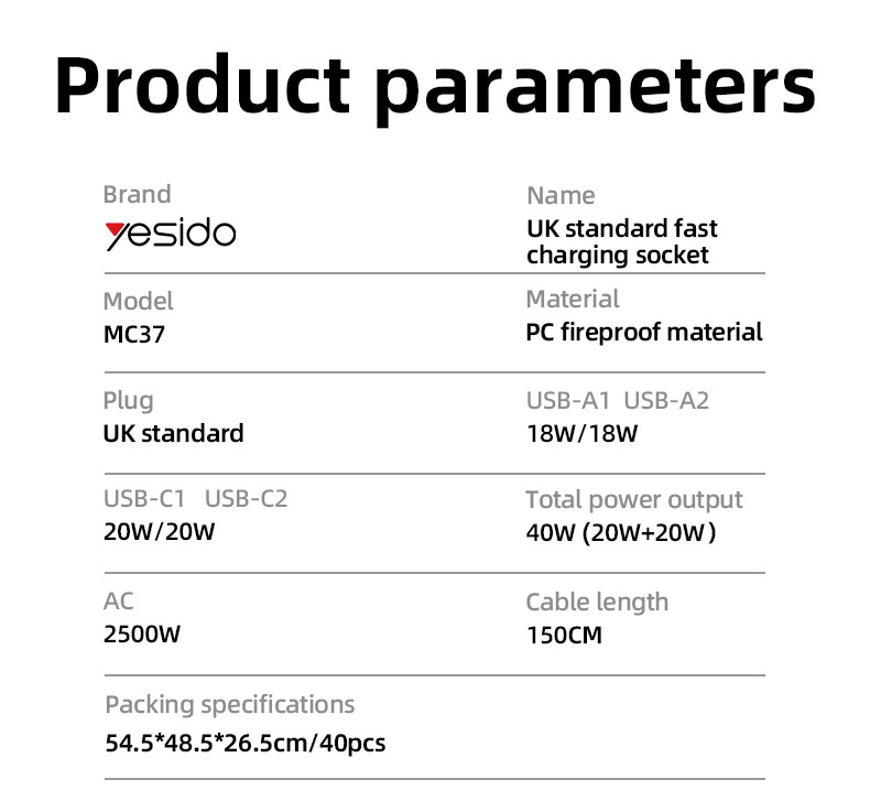 MC37 40W & 2500W EU GaN Fast Charging Charger Hub Parameter