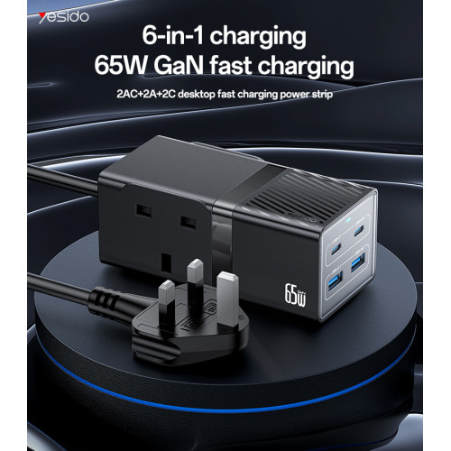 MC38 AC&2*Type-C&2*USB 6 In 1 UK Standard Fireproof PC 65W+2500W GaN Fast Charging Power Socket