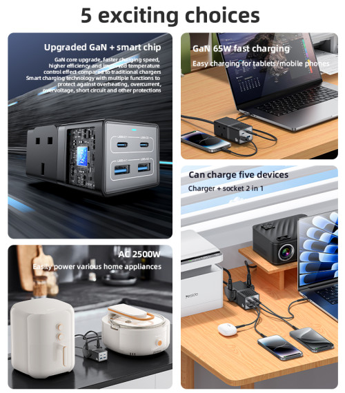 MC38 AC&2*Type-C&2*USB 6 In 1 UK Standard Fireproof PC 65W+2500W GaN Fast Charging Power Socket