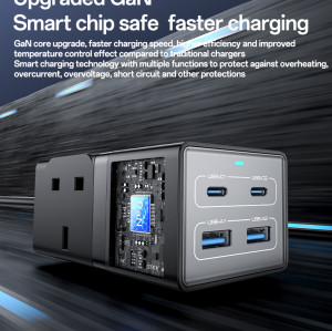 MC38 AC&2*Type-C&2*USB 6 In 1 UK Standard Fireproof PC 65W+2500W GaN Fast Charging Power Socket