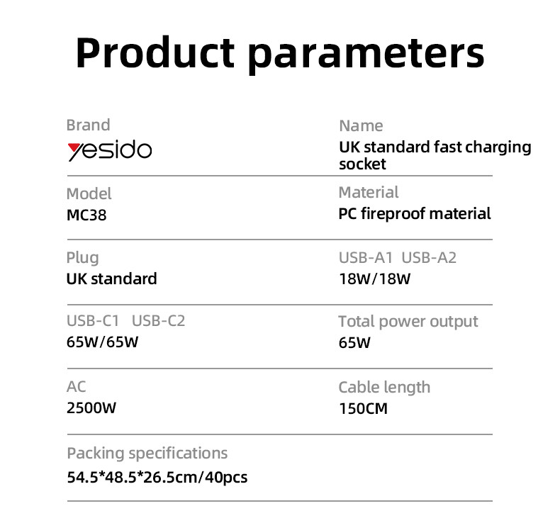 MC38 65W & 2500W EU GaN Fast Charging Charger Hub Parameter