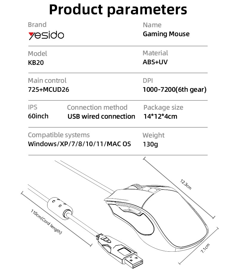 Yesido KB20 Wired Professional Gaming Mouse Parameter