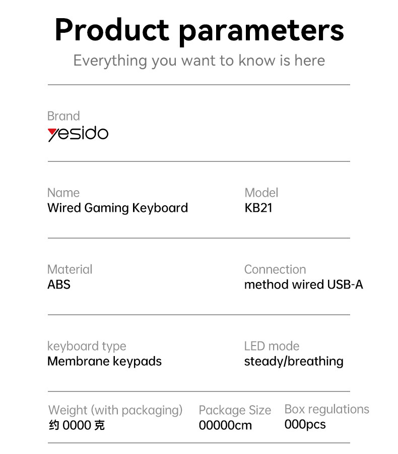 Yesido KB21 Professional Gaming Keyboard Parameter