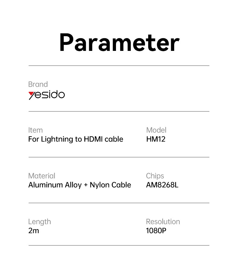 Yesido HM12 1080P Lightning to HDMI Cable Parameter