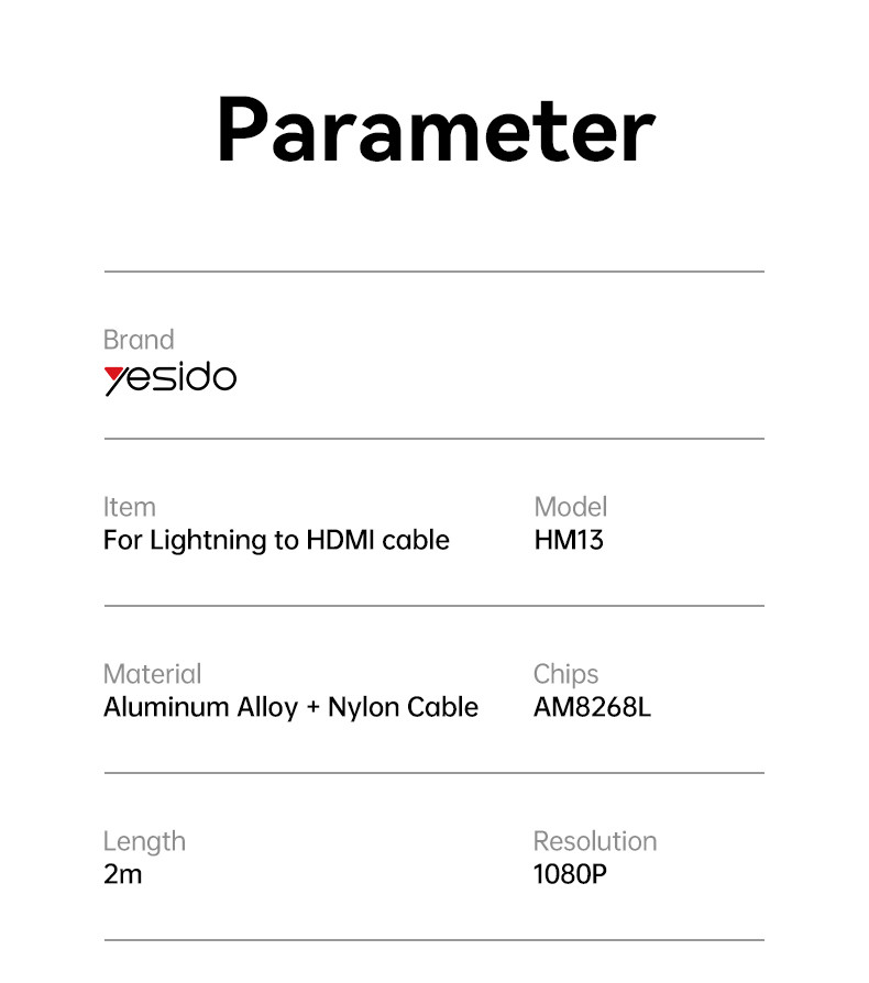 Yesido HM13 1080P Lightning to HDMI Cable Parameter