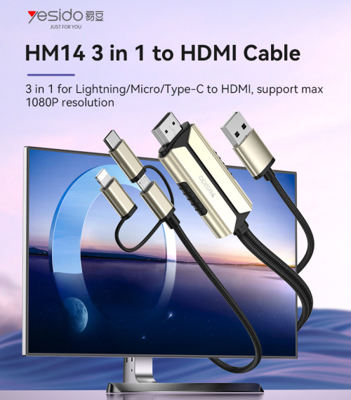 HM14 Max 1080P High Clear Resolution With USB Charging 3 in 1 For Lightning/Micro/ Type-C To HDMI