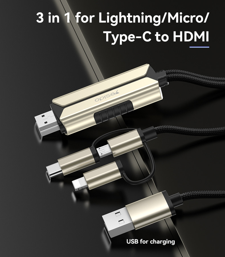 Yesido HM14 3 in 1 For Lightning/Micro/ Type-C To HDMI Cable Details