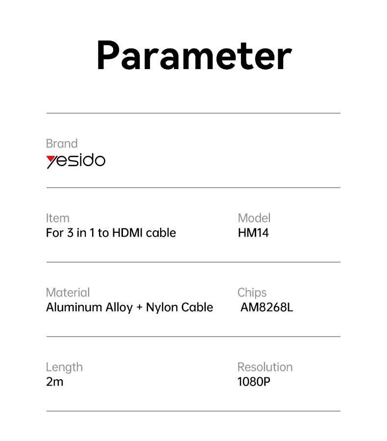 Yesido HM14 3 in 1 For Lightning/Micro/ Type-C To HDMI Cable Parameter