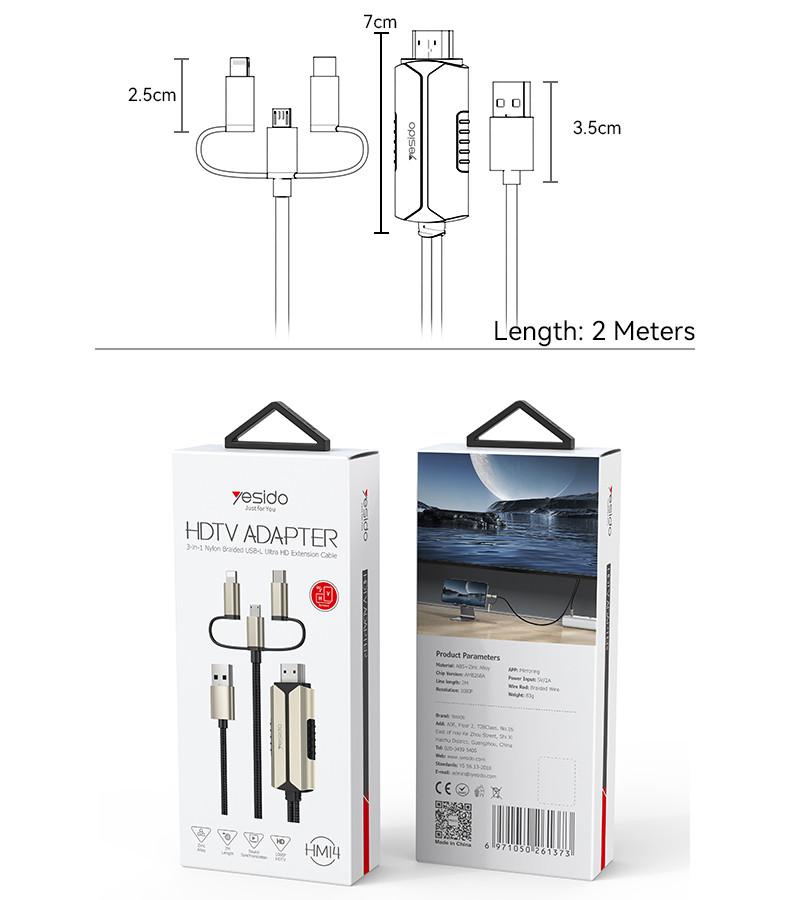 Yesido HM14 3 in 1 For Lightning/Micro/ Type-C To HDMI Cable Packaging