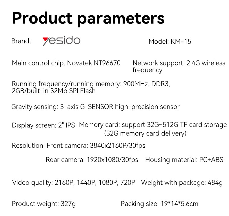 Yesido KM15 4K Driving Recorder Parameter