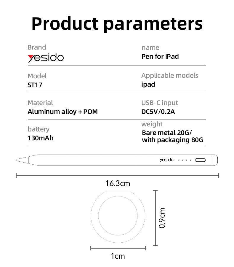 Yesido ST17 For IP Tablet Only Active Stylus Pen Parameter