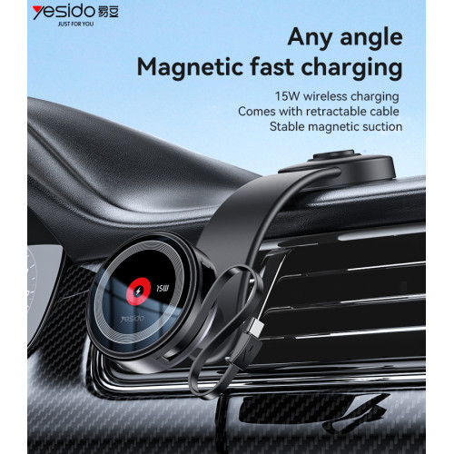 C314 360 Adjustable Aluminum Alloy Magnetic Wireless Charging Phone Holder With Retractable Cable