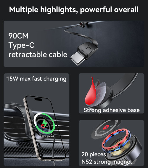 C314 360 Adjustable Aluminum Alloy Magnetic Wireless Charging Phone Holder With Retractable Cable