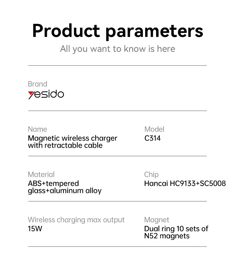 C314 15W Magnetic wireless Charging Holder Parameter