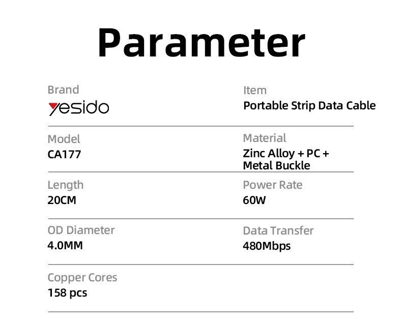 CA177 Type-C To Type-C 60W Fast Charging Data Cable Parameter