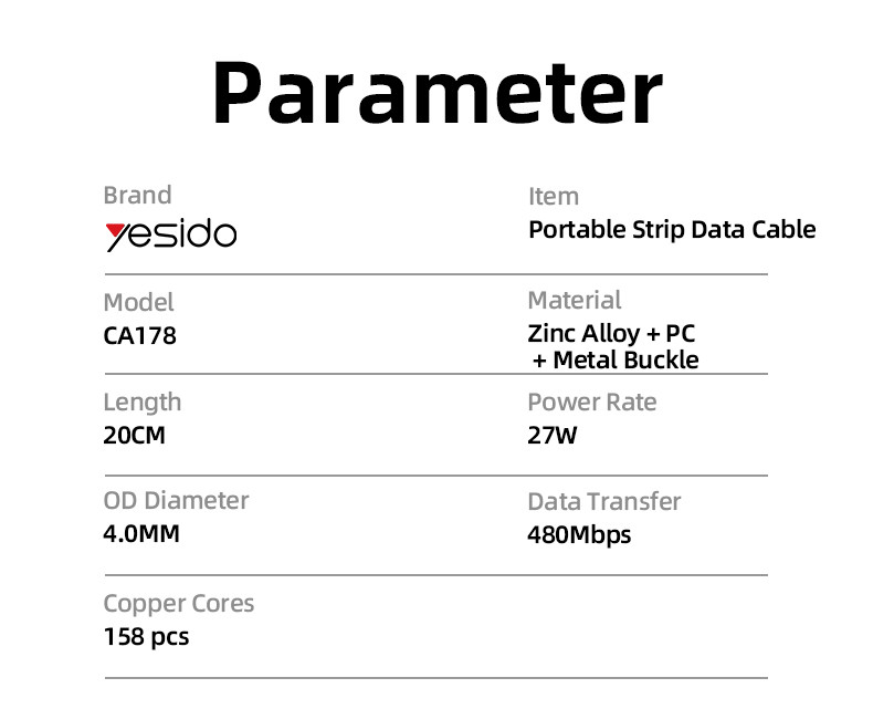 CA178 Type-C To Lightning 27W Fast Charging Data Cable Parameter