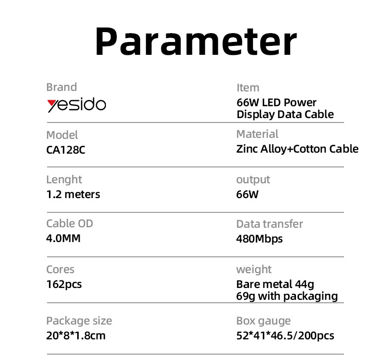 CA128C USB To Type-C 66W Power Display Data Cable Parameter