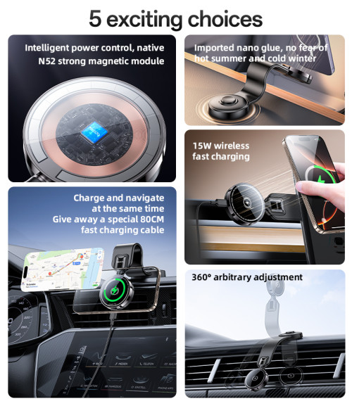 C316 360 Adjustment Flexible Memory Alloy 15W Max Wireless Fast Charging Magnetic Car Phone Holder