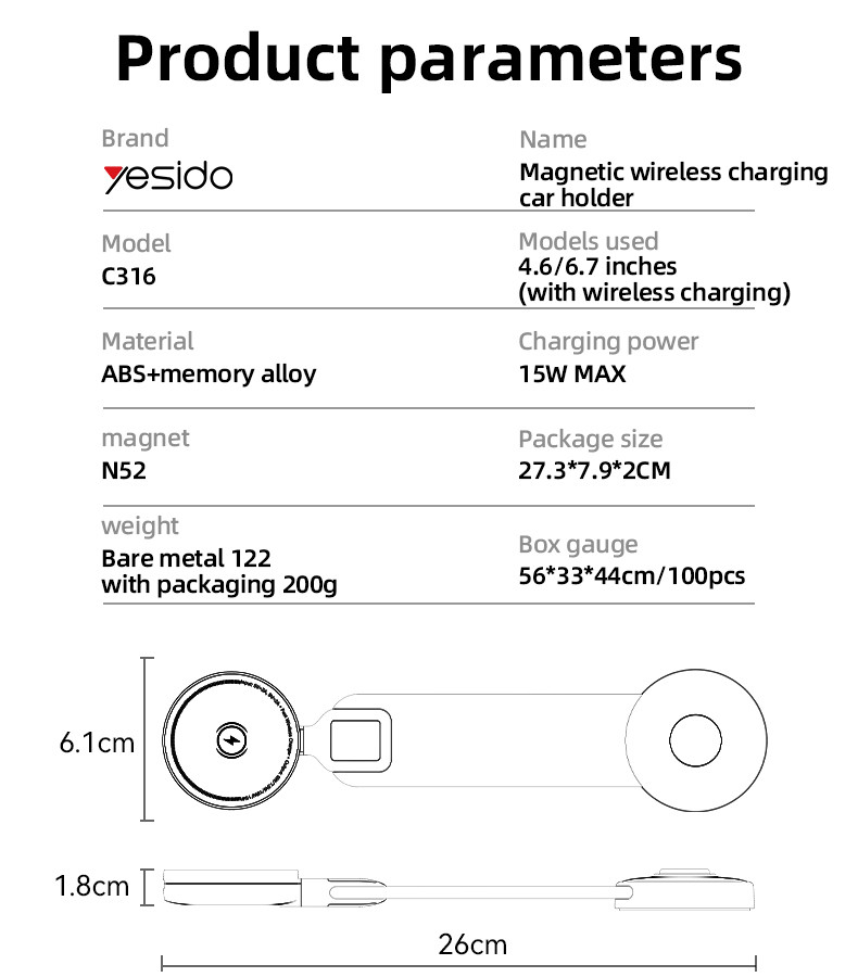 Yesido C316 15W Wireless Charging Magnetic Phone Holder Parameter