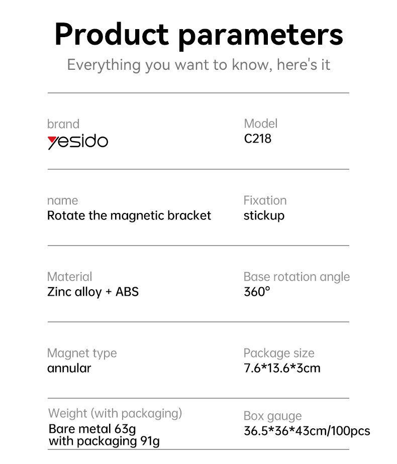 Yesido C218 360 Two-axis Rotation Magnetic Phone Holder Parameter