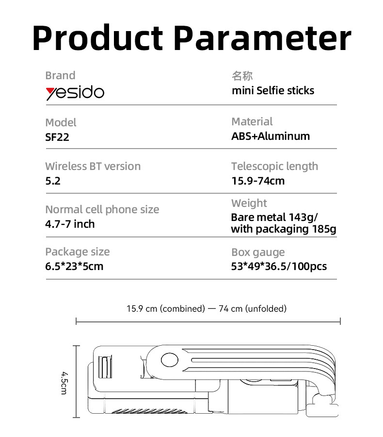 Yesido SF22 Mini Telescopic Selfie Stick Parameter