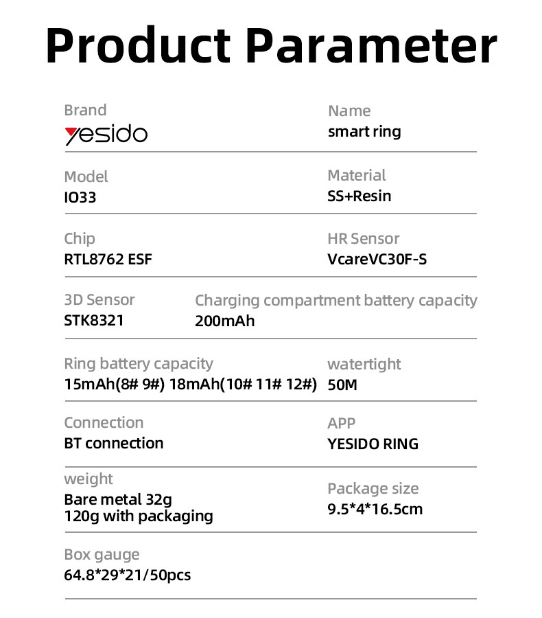 Yesido IO33 Health Monitoring Smart Ring Parameter