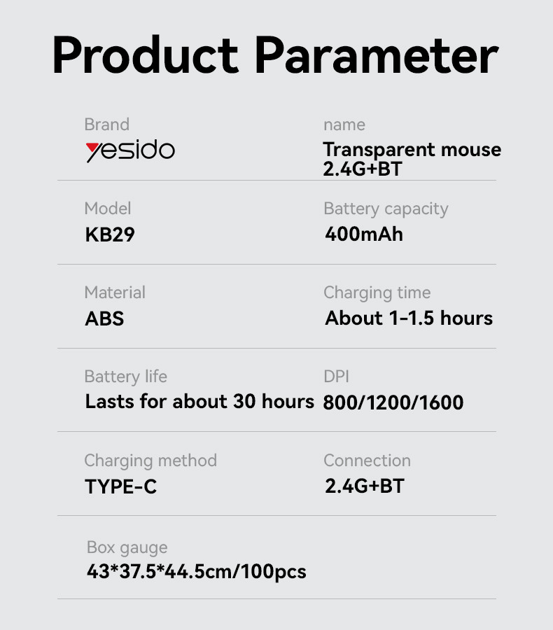 Yesido KB29 BT Wireless Mouse Parameter