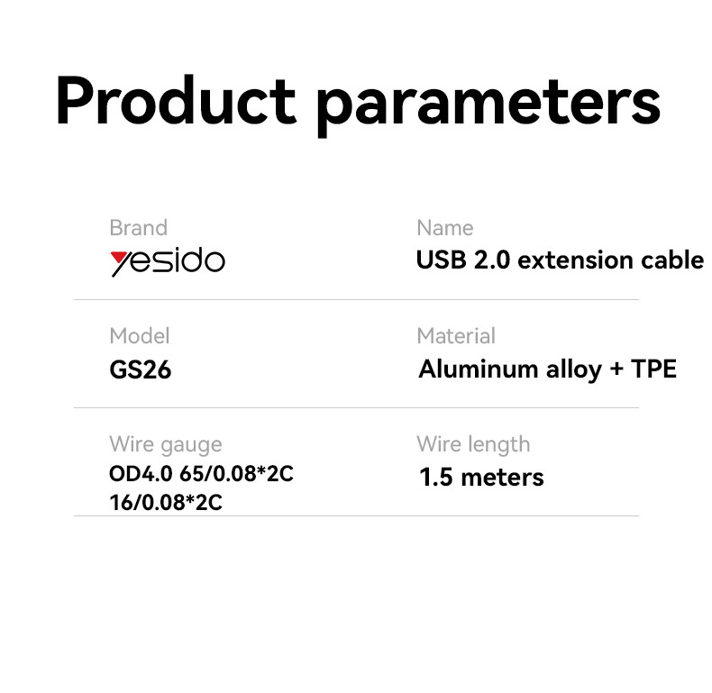 GS26 Male USB to Female USB USB Cable Extender Parameter