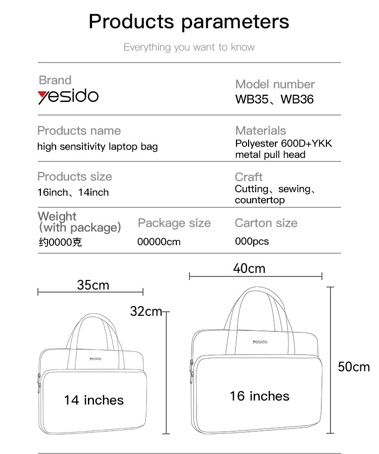 Yesido WB36 16 Inch Gray Good Sense Laptop Bag Parameter