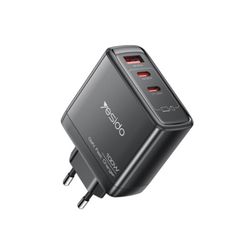 YC142 GaN PD100W Fast Charging Smaller Size 2*USB-C & USB-A Three Ports European Standard Charger