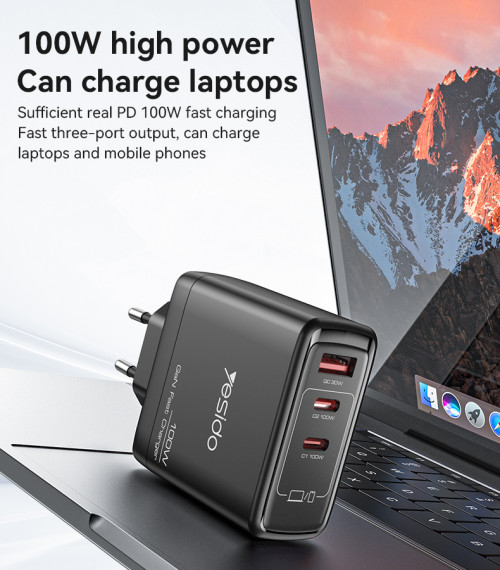 YC142 GaN PD100W Fast Charging Smaller Size 2*USB-C & USB-A Three Ports European Standard Charger