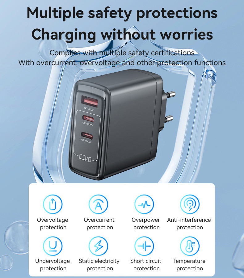 YC142 EU 100W GaN Fast Charging Charger(A+C1+C2) Details