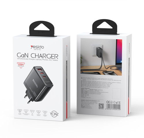 YC142 GaN PD100W Fast Charging Smaller Size 2*USB-C & USB-A Three Ports European Standard Charger