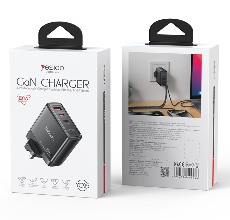 YC95 UK 100W GaN Fast Charging Charger(A+C1+C2) Packaging