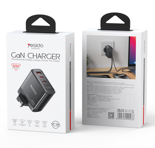 YC95 GaN PD100W Fast Charging Smaller Size 2*USB-C & USB-A Three Ports UK Standard Charger