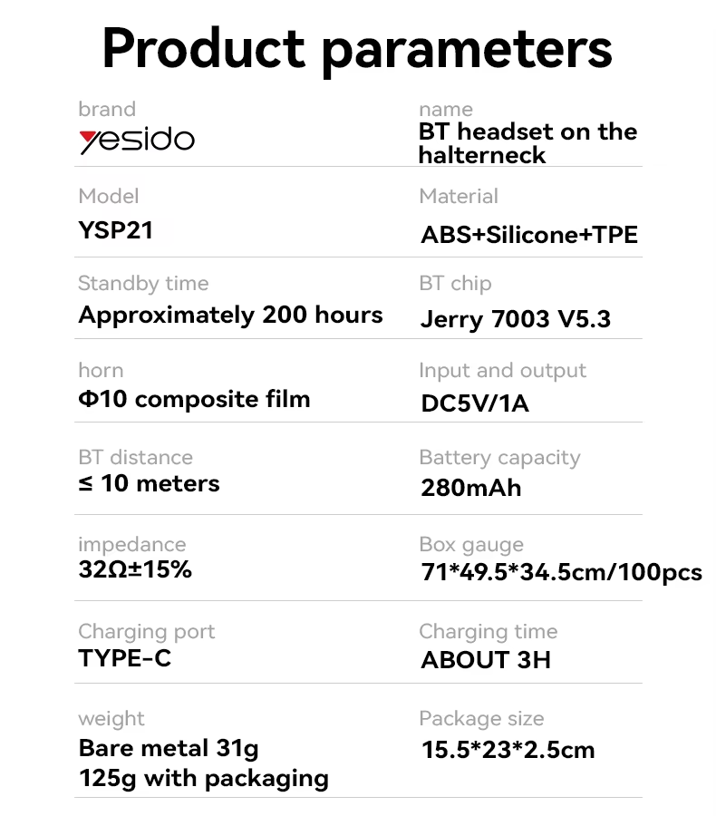 YESIDO YSP21 Sports Necklace Wireless Earphone Parameters