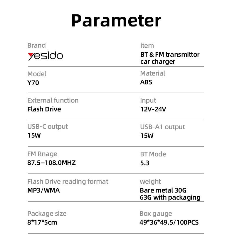 Yesido Y70 15W Fast Charging BT& FM Transmittor Car Charger Parameter