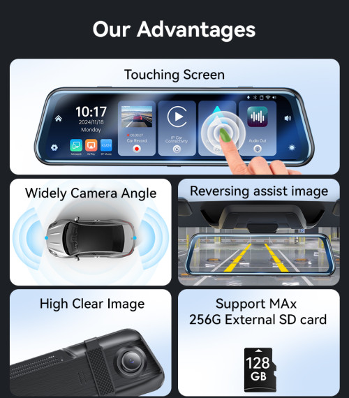 KM24 9.66 Inches High Clear Image Reversing Assist Image Touching Screen Rearview Using Carplay