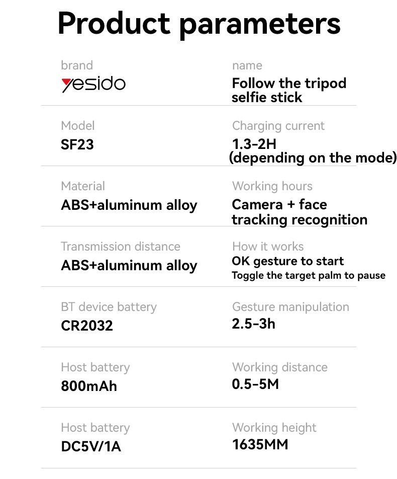 Yesido SF23 Face Tracking Tripod Selfie Stick Parameter