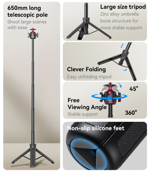 SF26 65cm Long Large Size Chassis Aluminum Alloy Pole Ball Head Telescopic Tripod Stand Selfie Stick