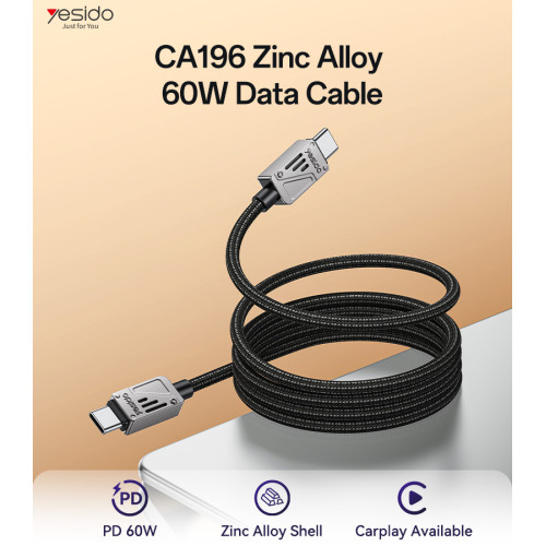 CA196 1.2M PD 60W Type-C To Type-C Fast Charging CarPlay Is Applicable Zinc Alloy Data Cable