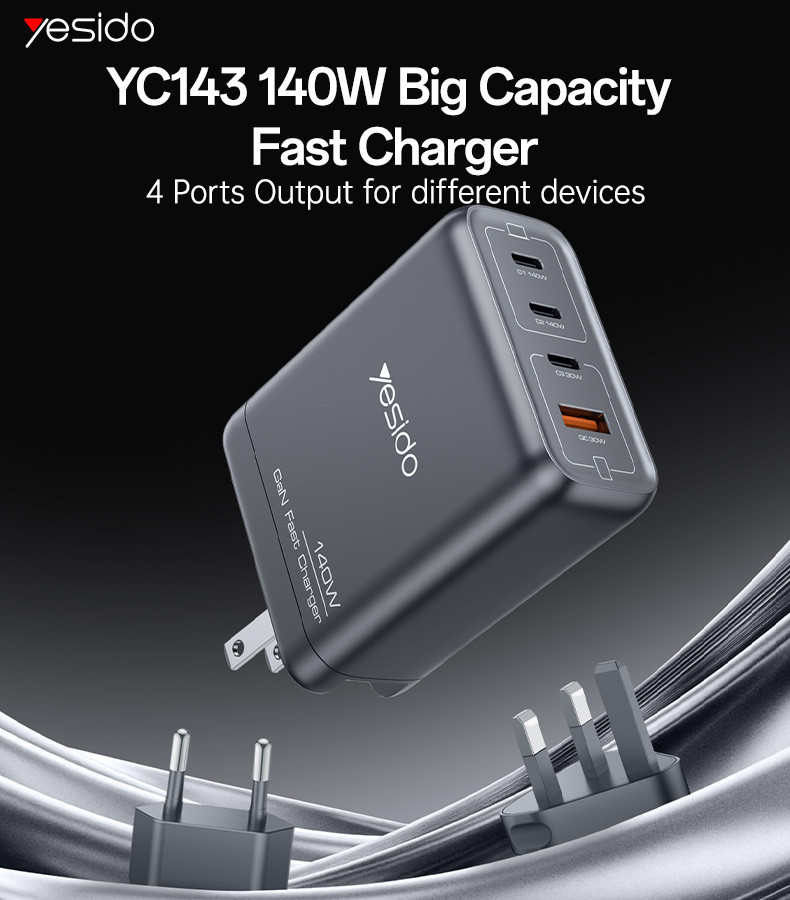 YC143 UK 140W 4 Ports GaN Fast Charging Charger