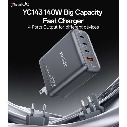 YC143 Yesido GaN 140W Fast Charging 4 Ports Output Support Charging Laptop US Charger