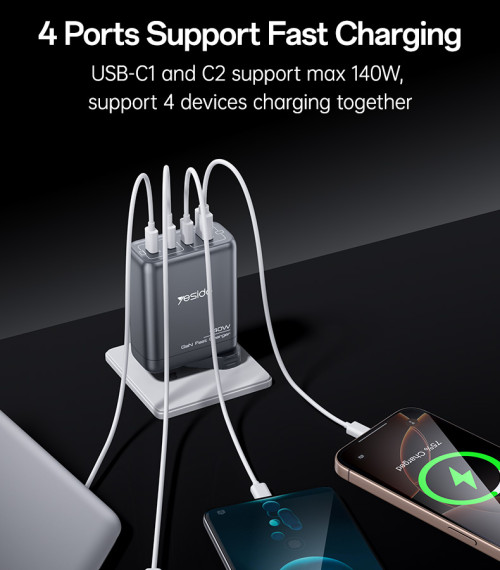 YC143 Yesido GaN 140W Fast Charging 4 Ports Output Support Charging Laptop US Charger