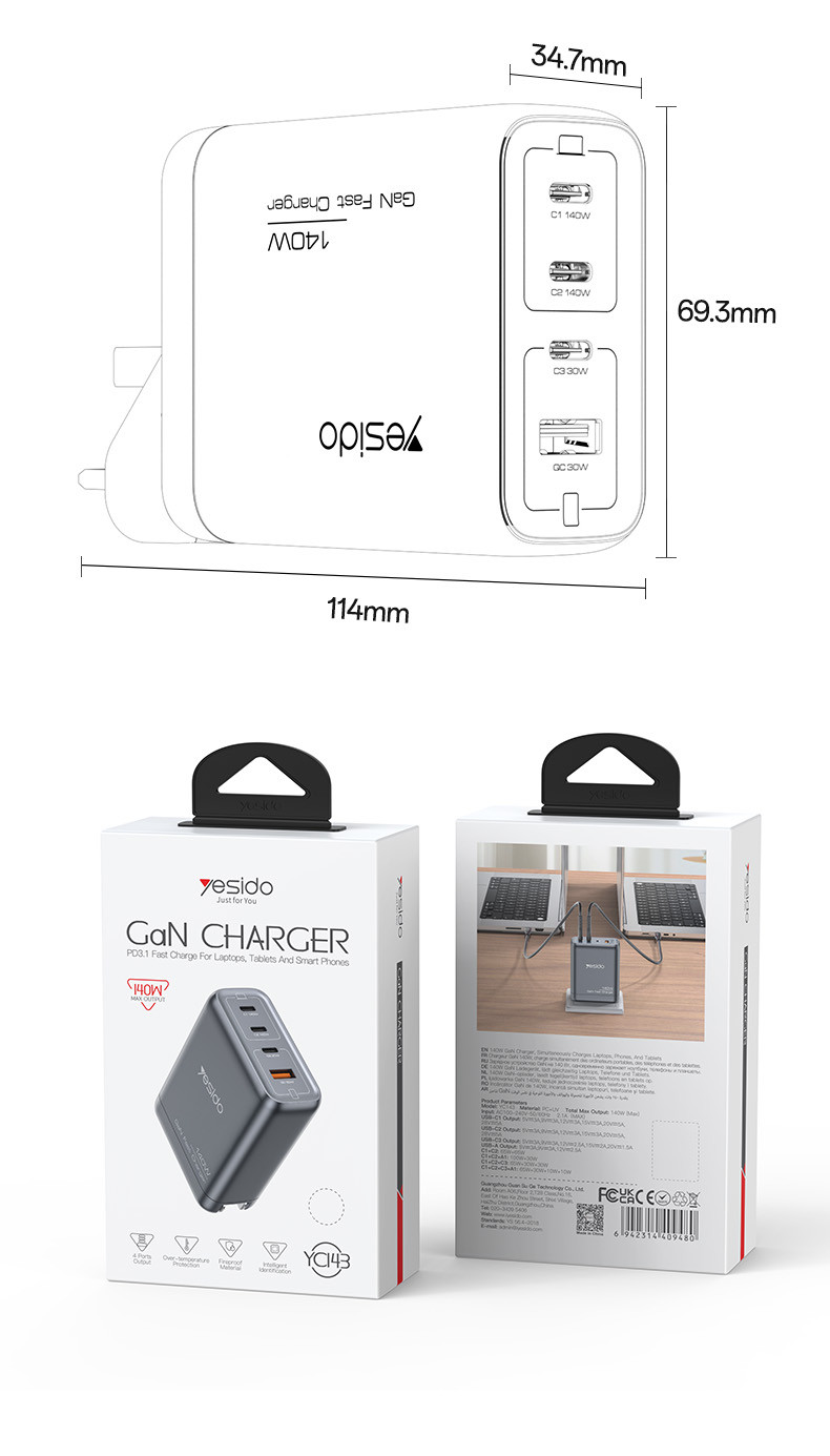 YC143 UK 140W 4 Ports GaN Fast Charging Charger Packaging