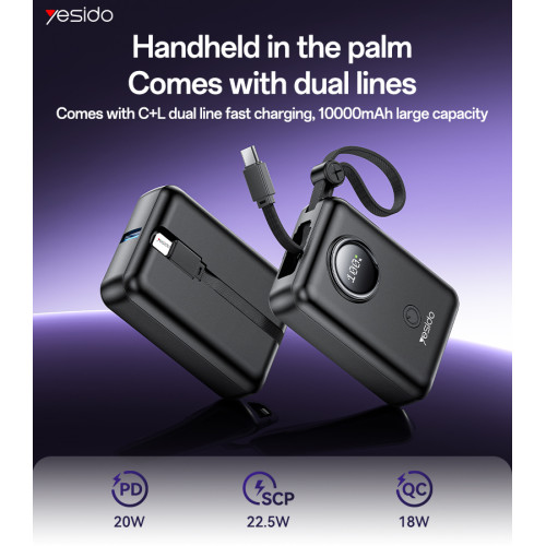 YP64 10000mAh 22.5W Fast Charging Large Capacity Mini Built-in L+C Cable Power Bank